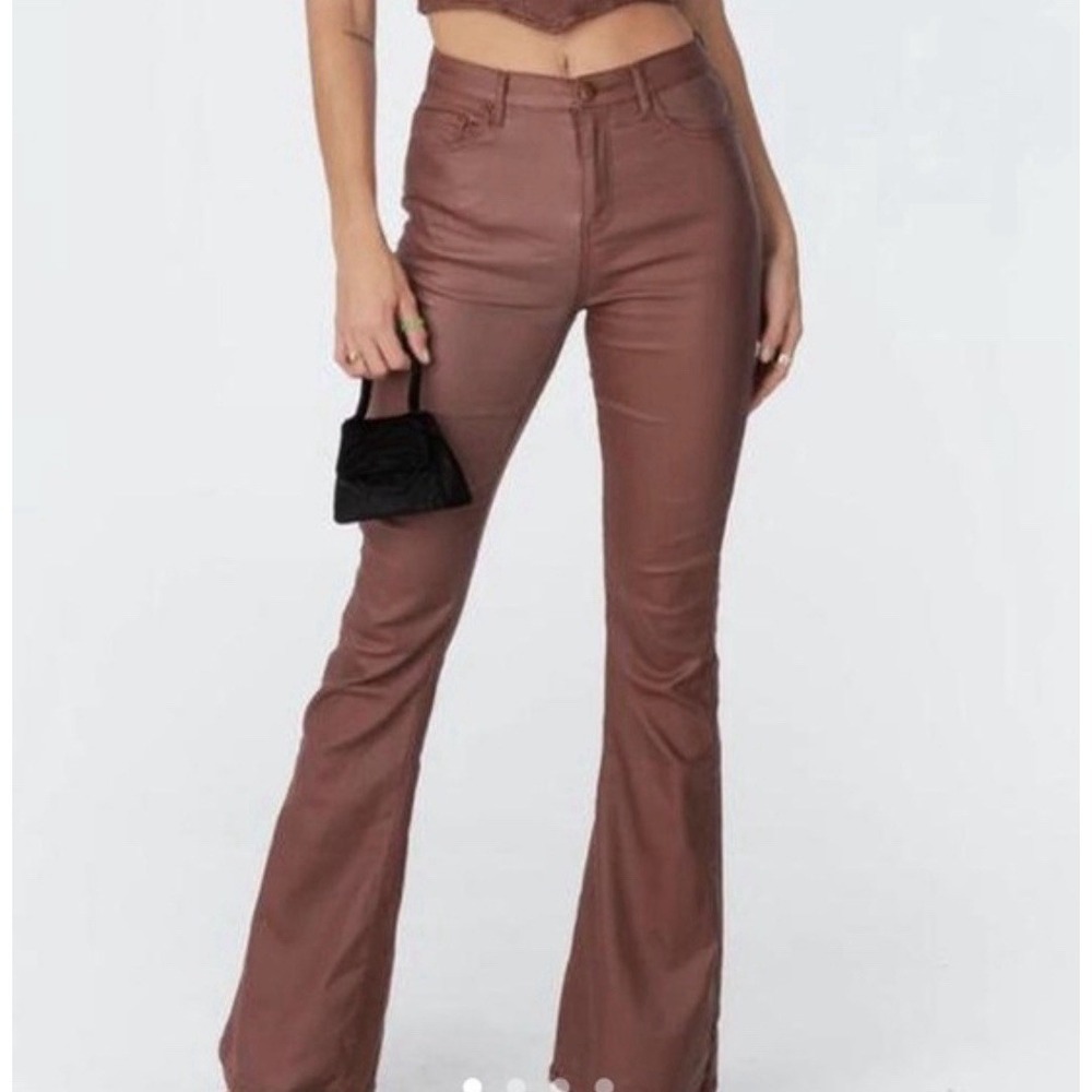 Edikted Coated Flare Low Rise Jeans Women M Brown Y2K Retro Festival Western
